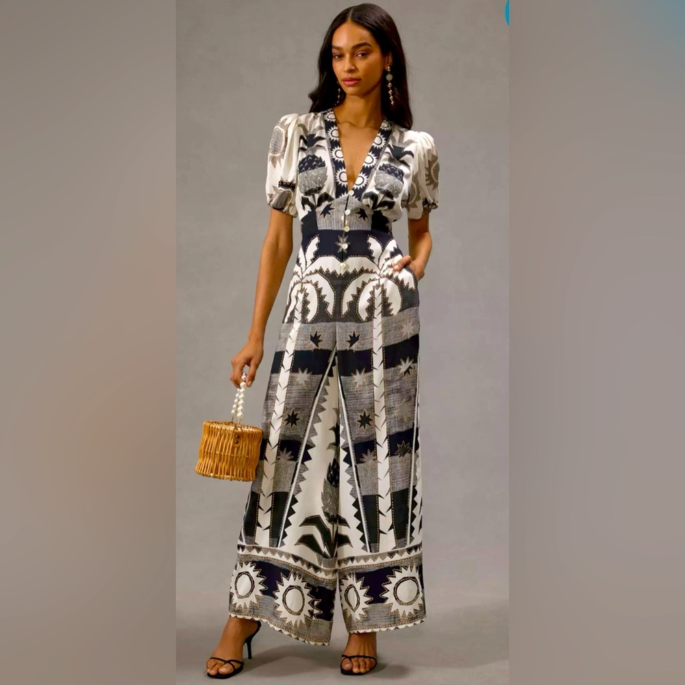 Farm Rio Puff-Sleeve Linen Wide Leg Jumpsuit NWT Women’s X-Large